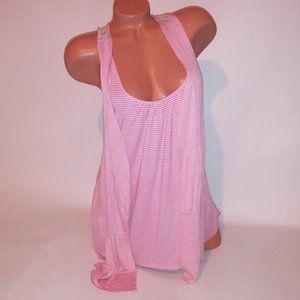 Volume One Y2K Tank Top Large Pink White Stripe Layered Lace Back Sleeveless Pit